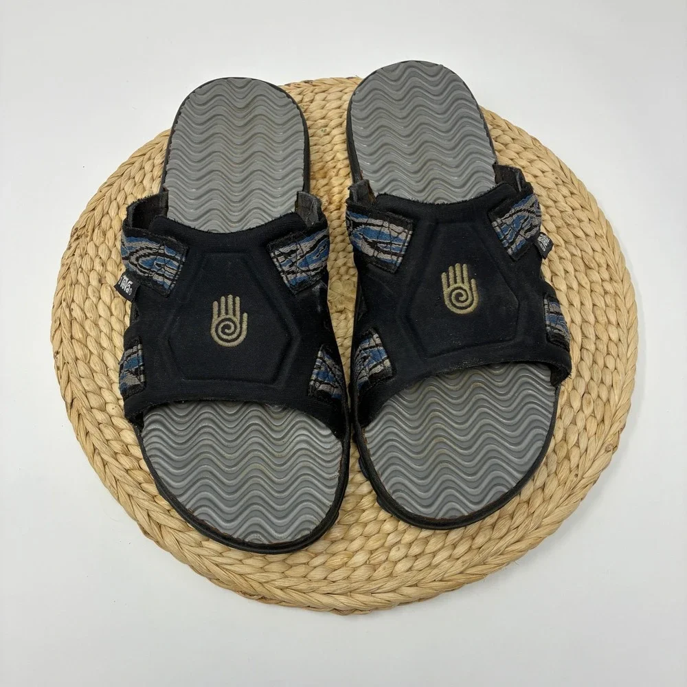 Vintage Teva Spiral Hand‎ Logo Slides Men's 10 Black Blue Y2K Sandals